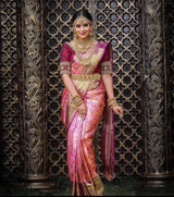 Ishvika - Pink Banarasi Silk Saree with Antique Gold Border and Dark Pink Blouse