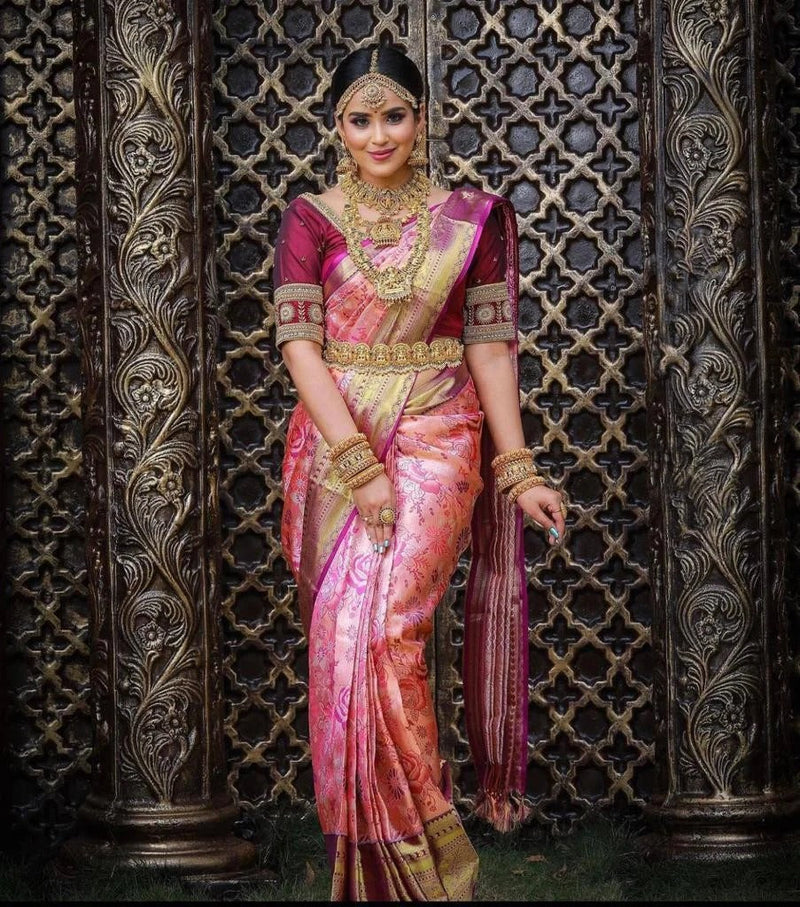 Ishvika - Pink Banarasi Silk Saree with Antique Gold Border and Dark Pink Blouse