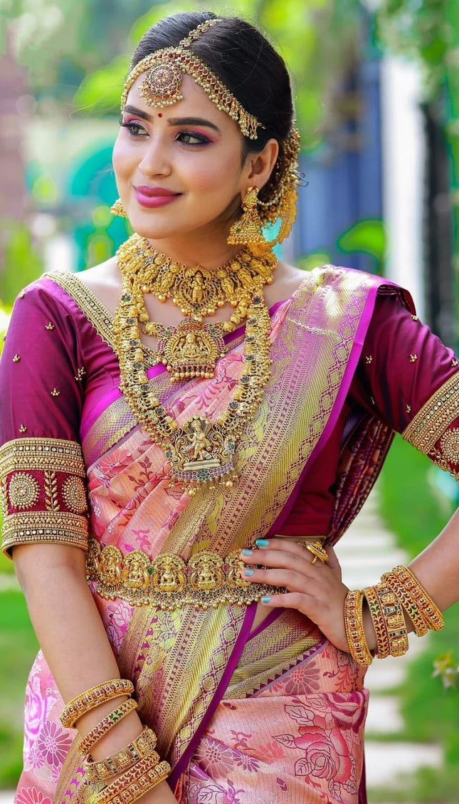 Ishvika - Pink Banarasi Silk Saree with Antique Gold Border and Dark Pink Blouse
