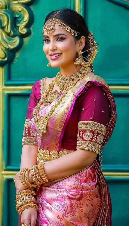 Ishvika - Pink Banarasi Silk Saree with Antique Gold Border and Dark Pink Blouse