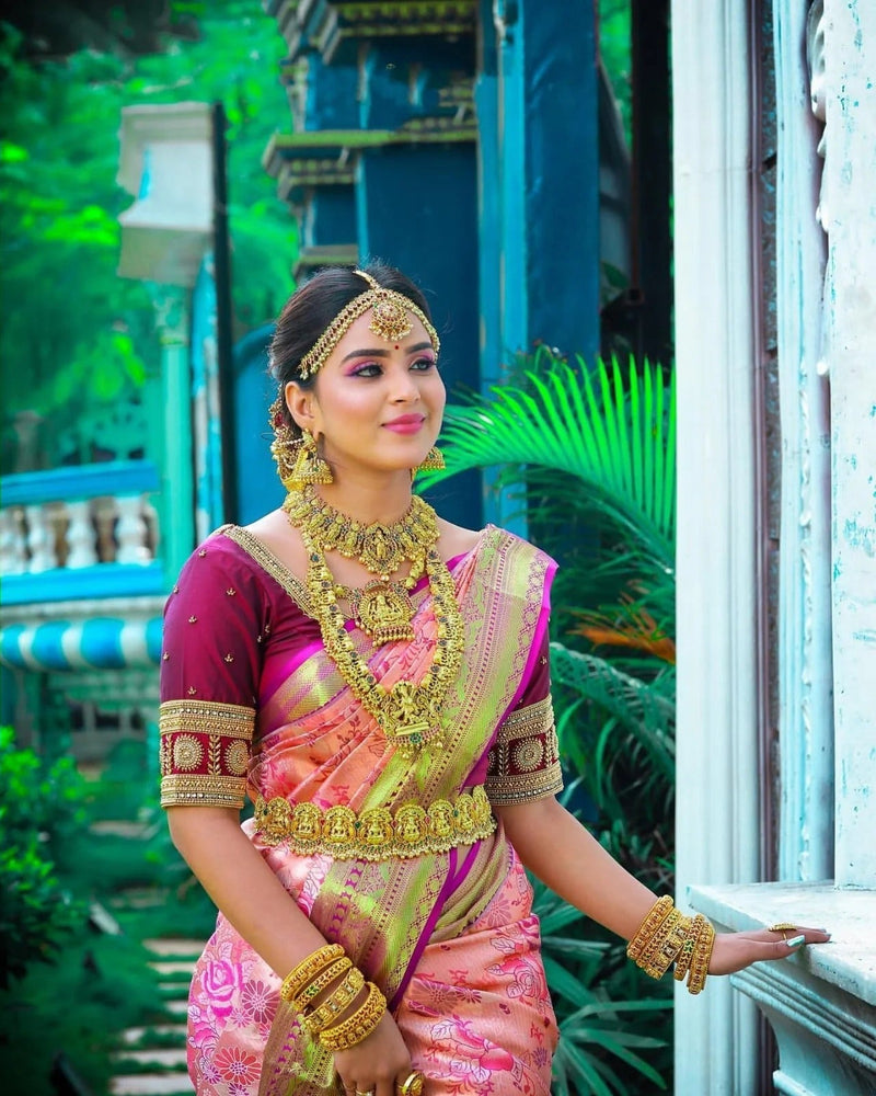 Ishvika - Pink Banarasi Silk Saree with Antique Gold Border and Dark Pink Blouse