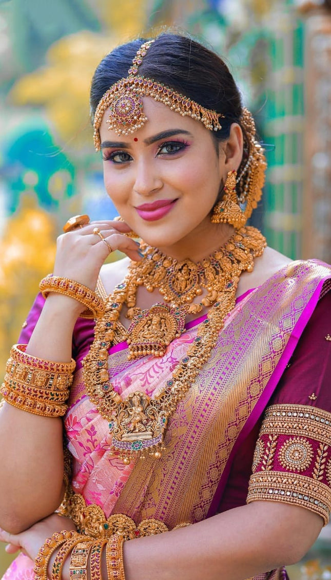 Ishvika - Pink Banarasi Silk Saree with Antique Gold Border and Dark Pink Blouse
