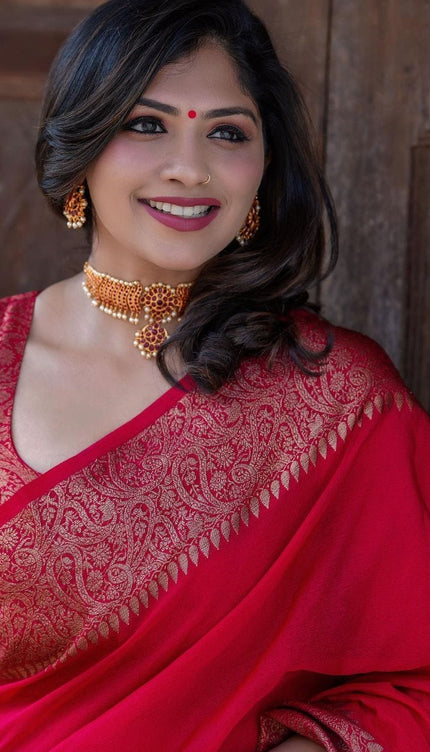 Nayira - Red Soft Silk Saree with Silver Zari Border and Matching Blouse