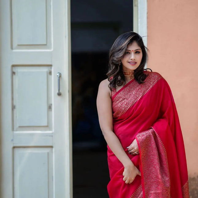 Nayira - Red Soft Silk Saree with Silver Zari Border and Matching Blouse