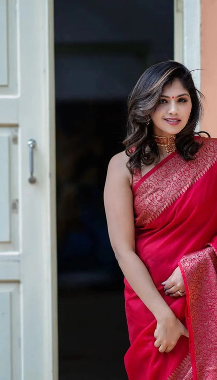 Nayira - Red Soft Silk Saree with Silver Zari Border and Matching Blouse