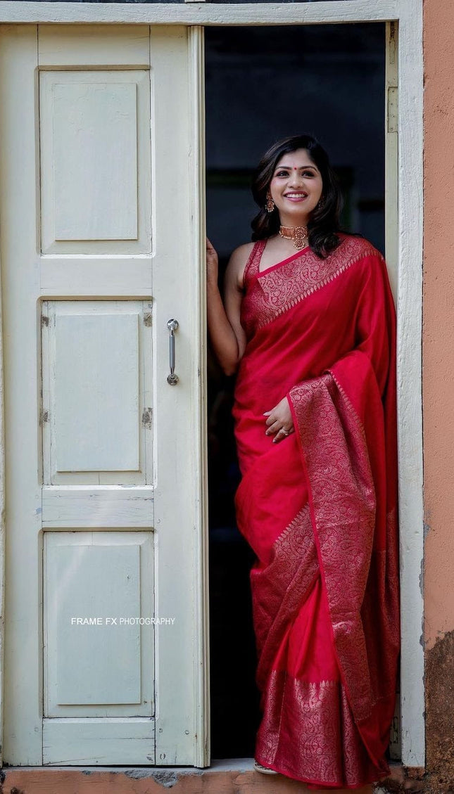 Nayira - Red Soft Silk Saree with Silver Zari Border and Matching Blouse
