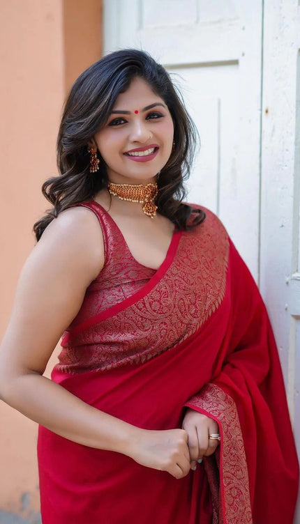 Nayira - Red Soft Silk Saree with Silver Zari Border and Matching Blouse