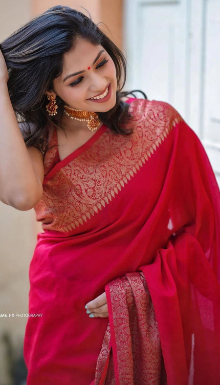 Nayira - Red Soft Silk Saree with Silver Zari Border and Matching Blouse
