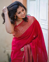 Nayira - Red Soft Silk Saree with Silver Zari Border and Matching Blouse