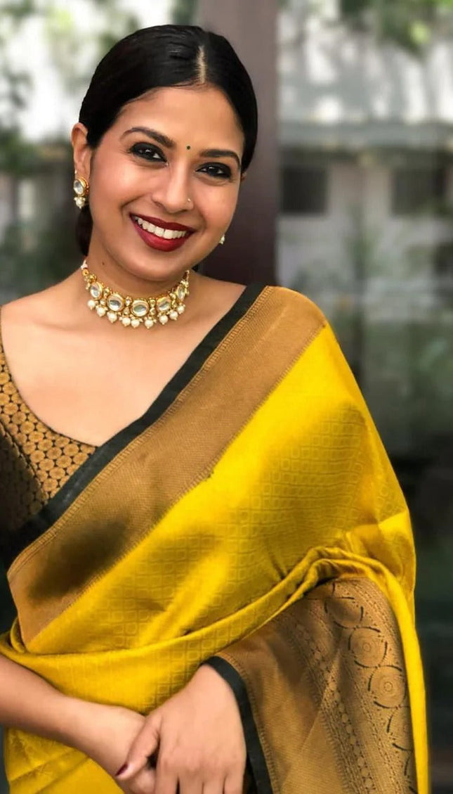 Riya - Yellow Soft Banarasi Silk Saree with Black Jacquard Blouse
