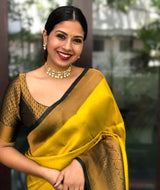 Riya - Yellow Soft Banarasi Silk Saree with Black Jacquard Blouse