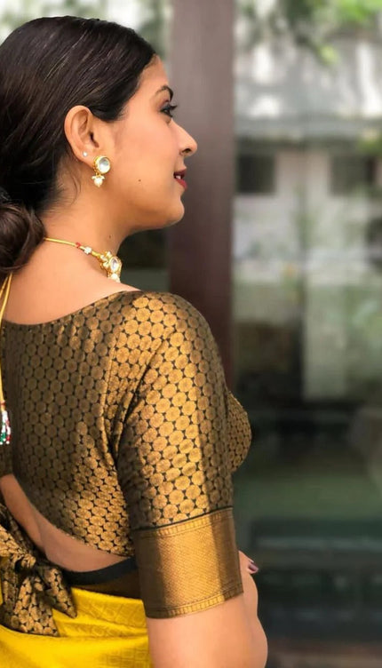 Riya - Yellow Soft Banarasi Silk Saree with Black Jacquard Blouse