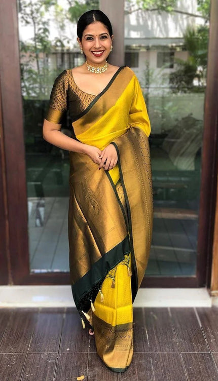 Riya - Yellow Soft Banarasi Silk Saree with Black Jacquard Blouse
