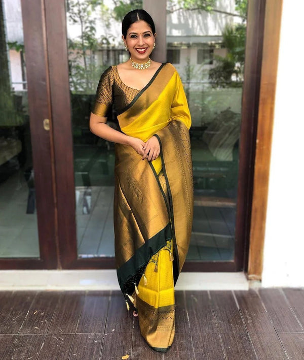 Riya - Yellow Soft Banarasi Silk Saree with Black Jacquard Blouse