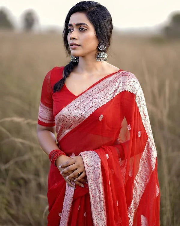 Samaira - Red Soft Silk Saree with Subtle Jacquard and Matching Blouse