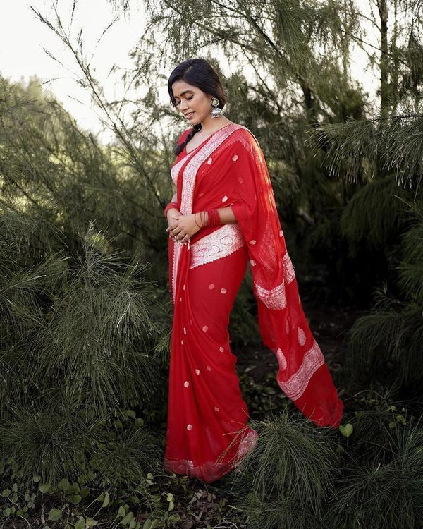 Samaira - Red Soft Silk Saree with Subtle Jacquard and Matching Blouse