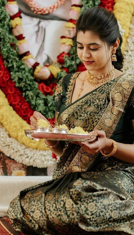 Nivriti - Dark Green Soft Silk Saree with Gold Jacquard Border and Matching Blouse