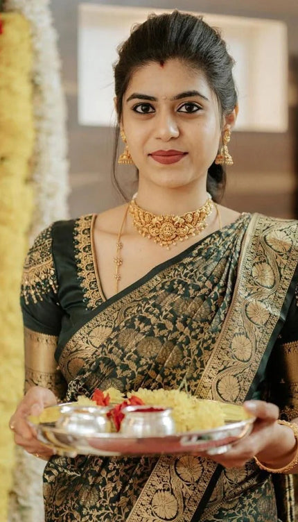 Nivriti - Dark Green Soft Silk Saree with Gold Jacquard Border and Matching Blouse