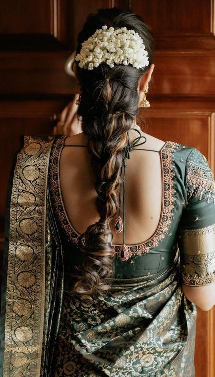 Nivriti - Dark Green Soft Silk Saree with Gold Jacquard Border and Matching Blouse