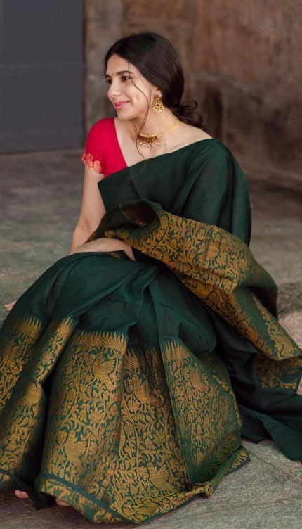 The Silk Beautiful Dark Green & Golden Jacquard Work Silk Designer Sarees