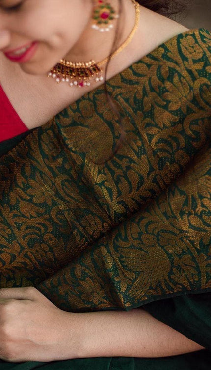 The Silk Beautiful Dark Green & Golden Jacquard Work Silk Designer Sarees