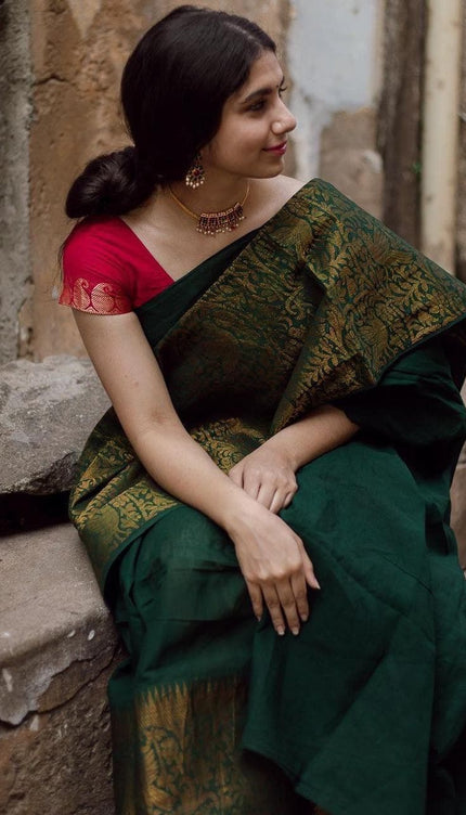 The Silk Beautiful Dark Green & Golden Jacquard Work Silk Designer Sarees