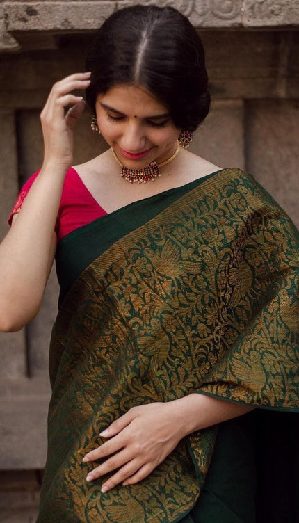 The Silk Beautiful Dark Green & Golden Jacquard Work Silk Designer Sarees