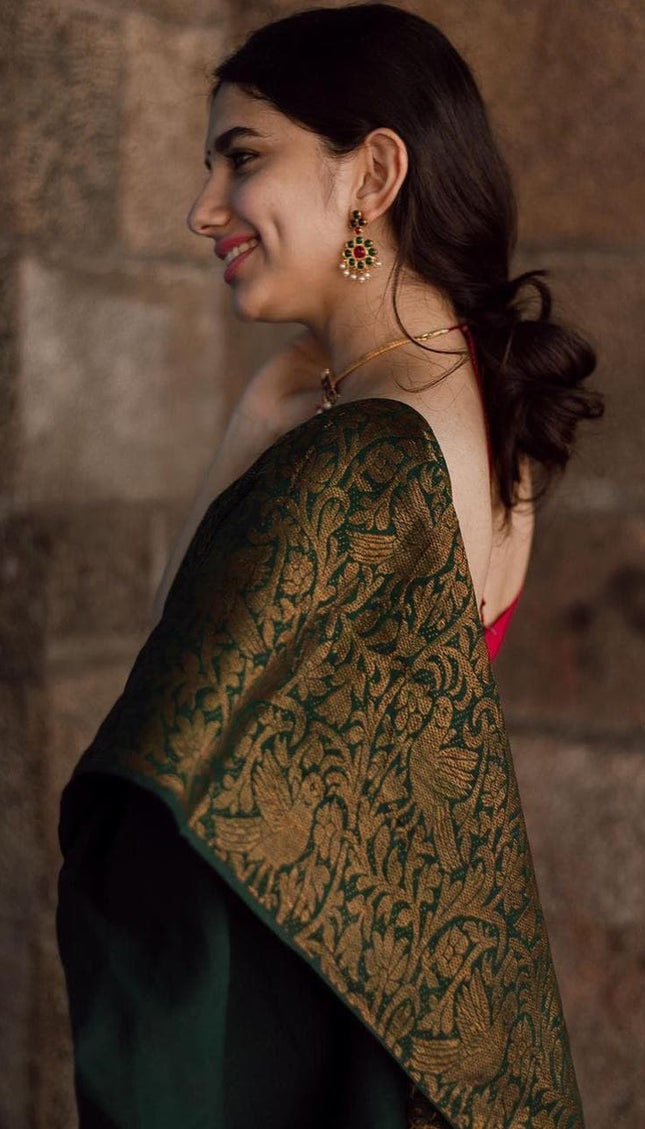 The Silk Beautiful Dark Green & Golden Jacquard Work Silk Designer Sarees
