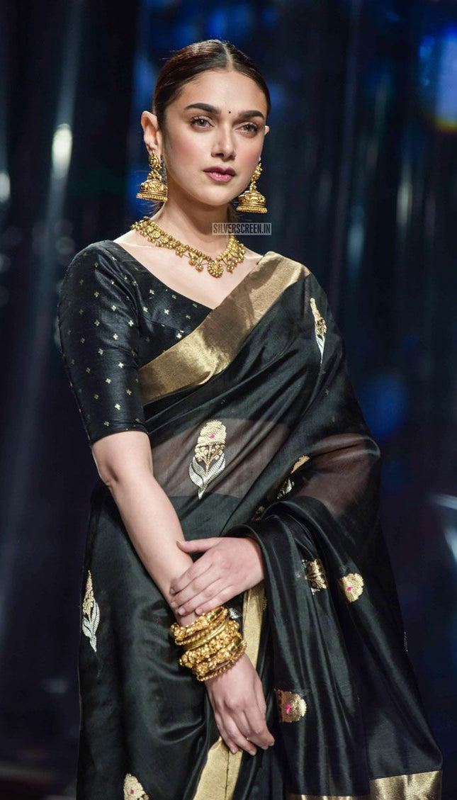 Black With Golden Butta & Zari Party Wear Lichi Designer Lichi Silk  Weaving
