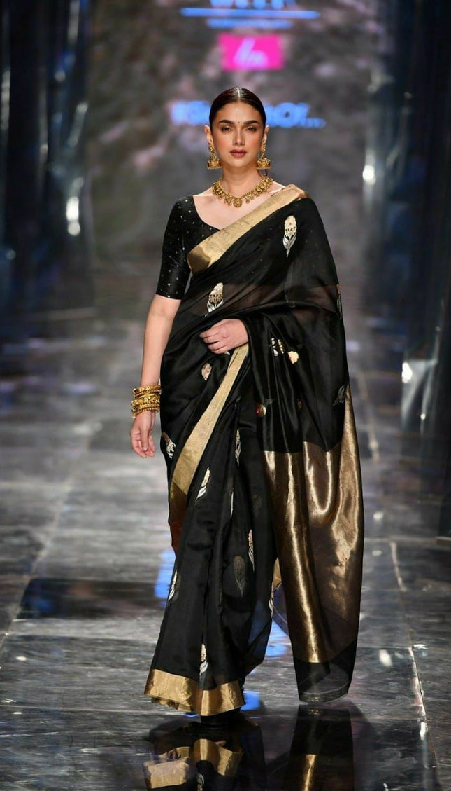Black With Golden Butta & Zari Party Wear Lichi Designer Lichi Silk  Weaving