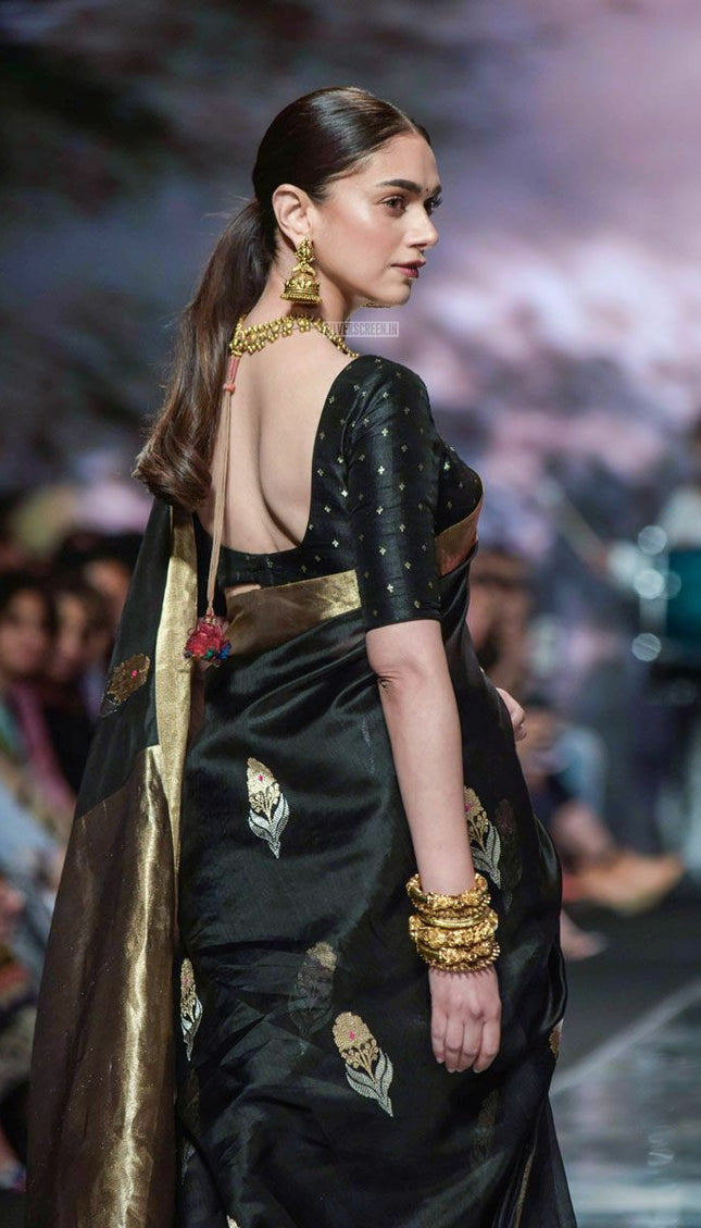 Black With Golden Butta & Zari Party Wear Lichi Designer Lichi Silk  Weaving
