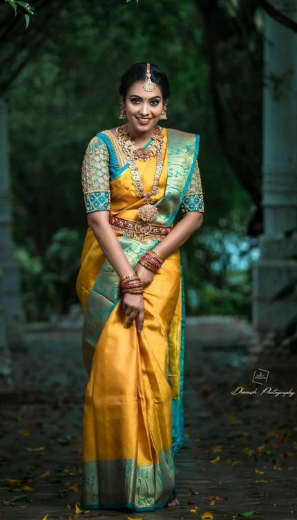 Yellow Color With Golden Zari Designer Lchi Silk Saree For Weaving