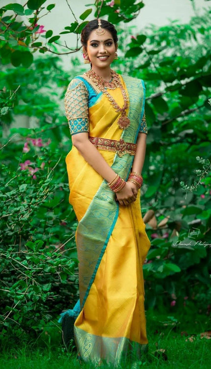 Yellow Color With Golden Zari Designer Lchi Silk Saree For Weaving