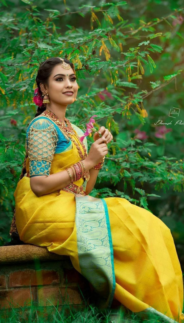 Yellow Color With Golden Zari Designer Lchi Silk Saree For Weaving