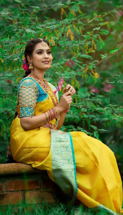 Yellow Color With Golden Zari Designer Lchi Silk Saree For Weaving
