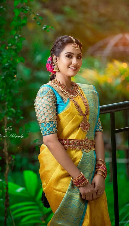 Yellow Color With Golden Zari Designer Lchi Silk Saree For Weaving