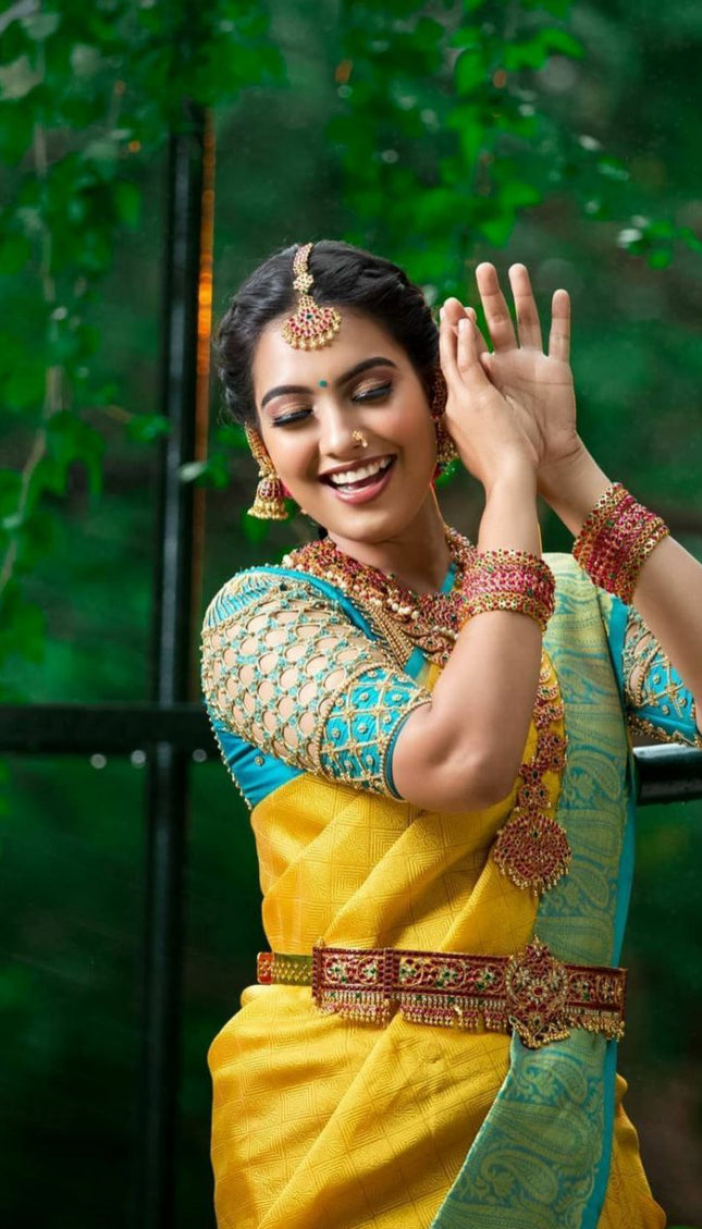 Yellow Color With Golden Zari Designer Lchi Silk Saree For Weaving