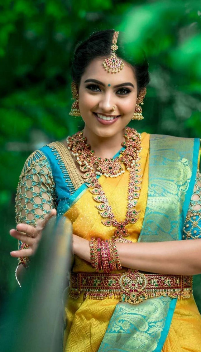 Yellow Color With Golden Zari Designer Lchi Silk Saree For Weaving