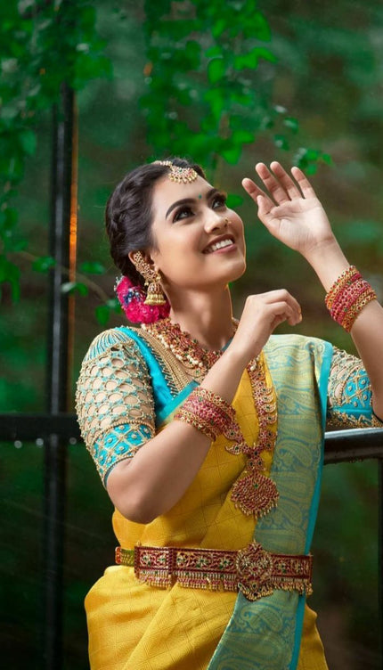 Yellow Color With Golden Zari Designer Lchi Silk Saree For Weaving