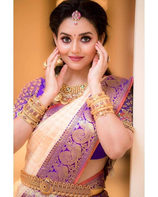 Cream With Purple Color Party Wear Designer Lichi Silk