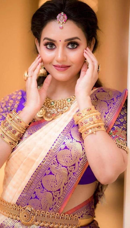Cream With Purple Color Party Wear Designer Lichi Silk