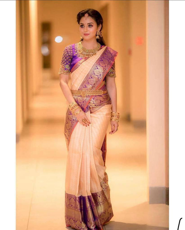 Cream With Purple Color Party Wear Designer Lichi Silk