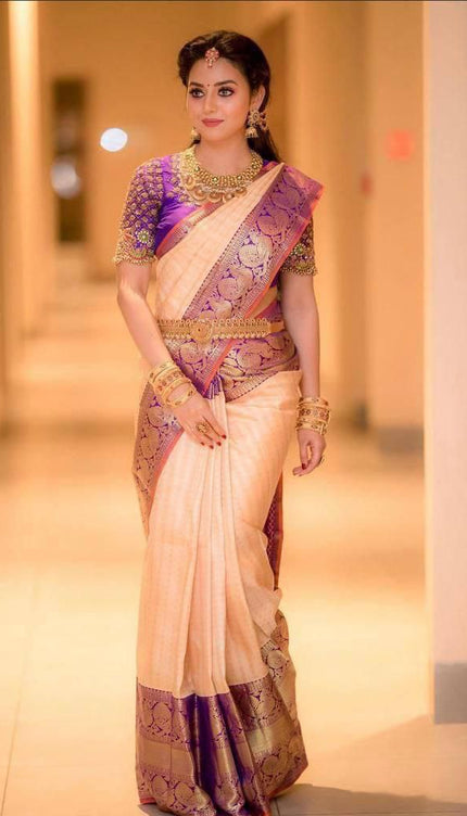 Cream With Purple Color Party Wear Designer Lichi Silk