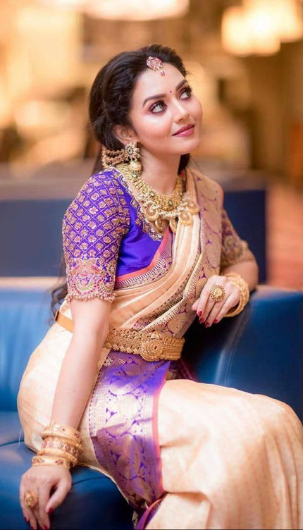 Cream With Purple Color Party Wear Designer Lichi Silk