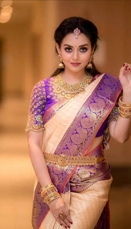 Cream With Purple Color Party Wear Designer Lichi Silk