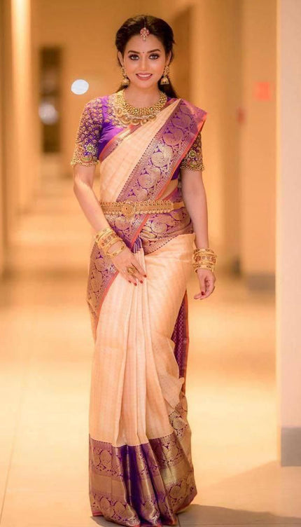 Cream With Purple Color Party Wear Designer Lichi Silk
