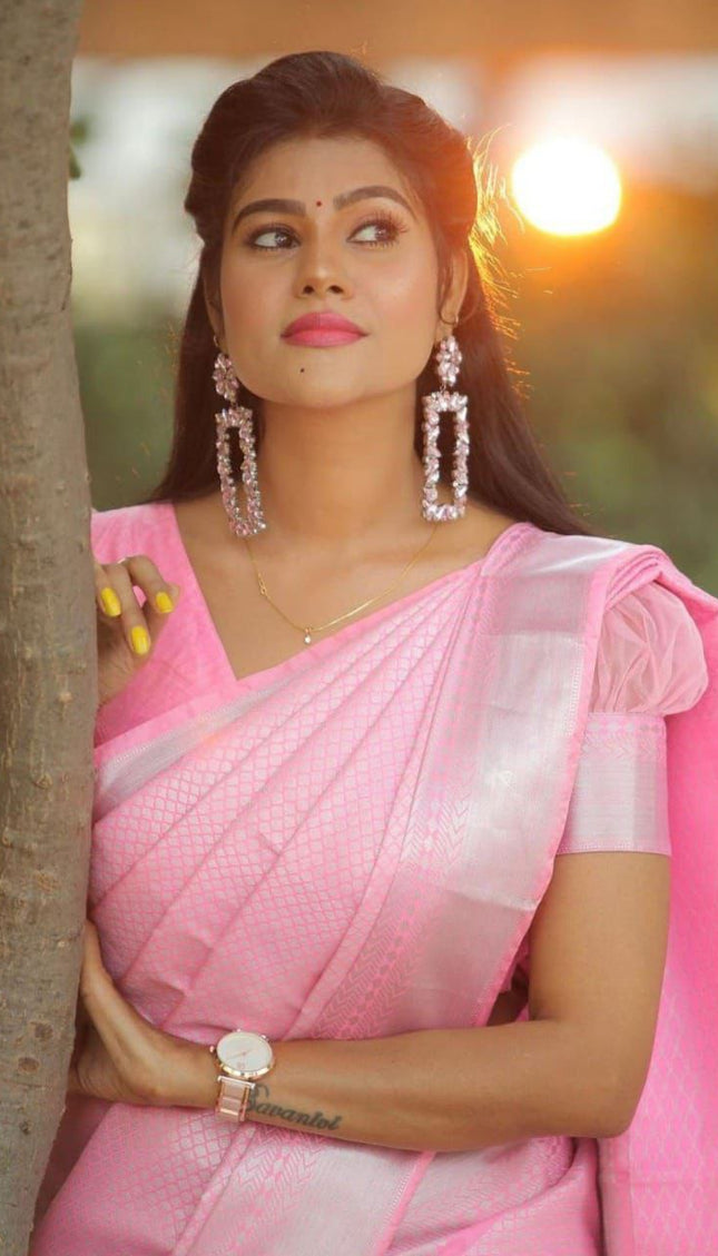 Light Pink Designer Pure Lichi Soft Silk Banarsi Saree Weaving