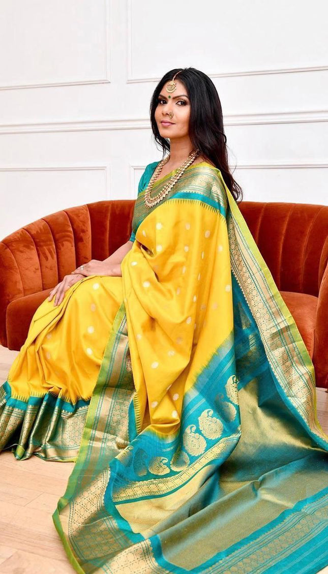 Yellow Color With Golden Zari Work Party Wear Banarsi Saree Weaving