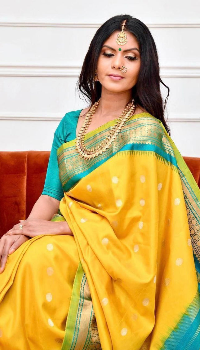 Yellow Color With Golden Zari Work Party Wear Banarsi Saree Weaving