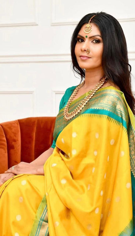 Yellow Color With Golden Zari Work Party Wear Banarsi Saree Weaving